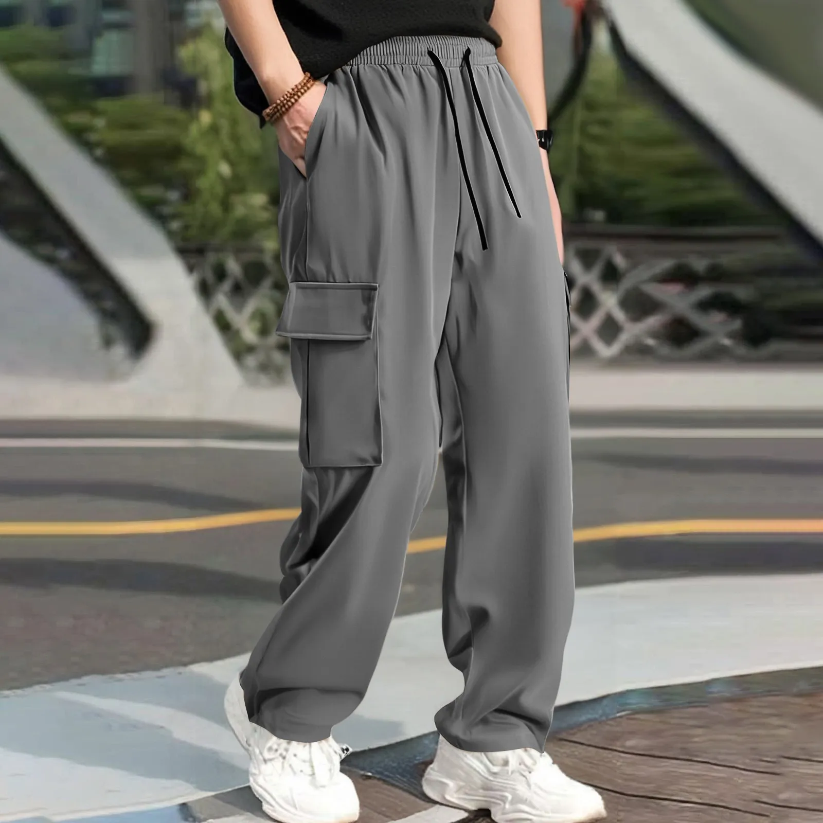 

Big Size Cargo Pants Men Multi-Pockets Drawstring Washed Cotton Solid Casual Wide Leg Baggy Pants Male Straight Trousers