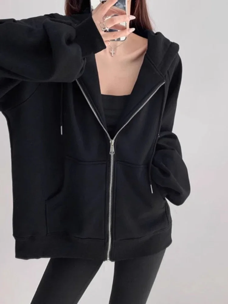 เสื้อคาร์ดิแกนแบบมีฮู้ดสีเทาสำหรับผู้หญิง แขนยาว สไตล์ลำลอง แจ็คเก็ตสปอร์ต แฟชั่นฤดูใบไม้ร่วงและฤดูหนาว ใช้งานได้หลากหลาย