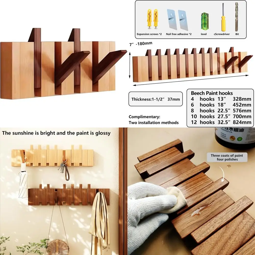 

Solid Wood Wall-Mounted Coat Rack with 4 Hooks, Natural Walnut-Beech Design, Hanger for Clothes, Non-Woven Fabric, Piano Key Sty