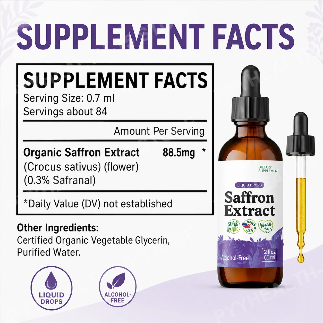 Saffron Supplements 88.5mg - Mood Focus & Eye Support , Saffron Extract Liquid Drops , Mix with Tea , Vegan Alcohol-Free, 2 Oz