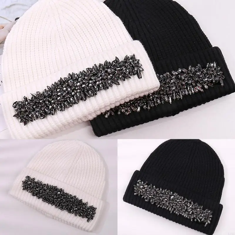 K1ME All-match Shiny for Rhinestone Beanie Hat Fashion Knit Hat Thermal Wool Hat Unisex Windproof for Daily Wear Morning Work