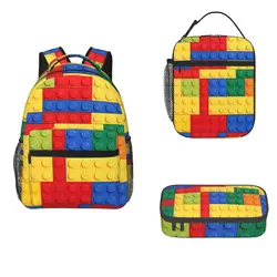 Colorful Bricks Design Backpacks Boys Girls Bookbag Children School Bags Cartoon Kids Rucksack Lunch Bag Pen Bag Three-Piece Set