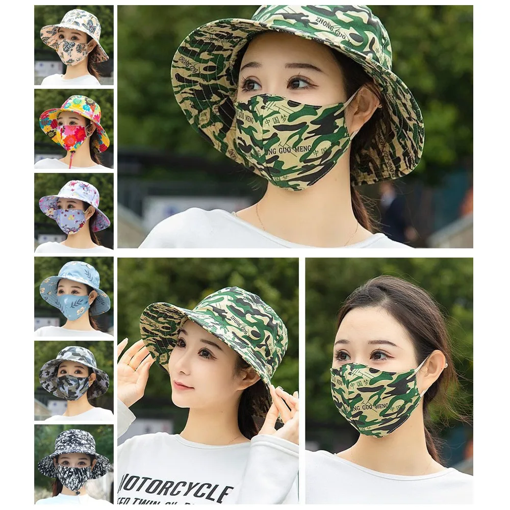 

Fashion Floral Tea Picking Cap Wide Brim Anti-UV Sun Visor Cap Protect Neck Anti-uv with Mask Fisherman Hat Outdoor Sports