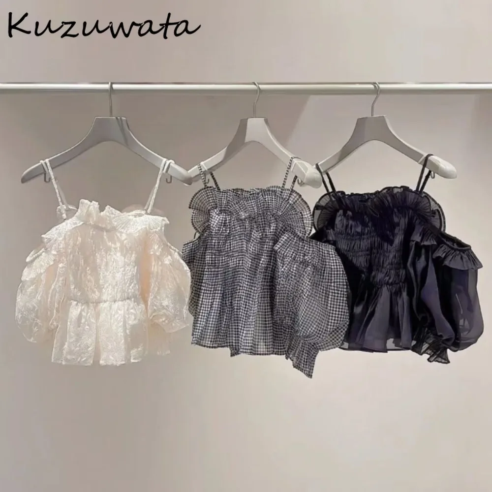 

Kuzuwata Lovely Fresh Slash Neck Puff Sleeve Shirt New Sweet French Ruffles Lace Off Shoulder Blusas Japan All-match Casual Tops