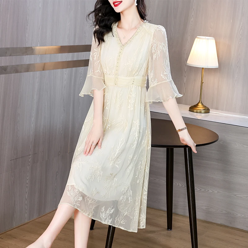 

2024 Fashion Print Silk Short Sleeve Midi Dress Women Elegant Casual Dress Summer Korean Vintage Bodycon Party Nightdress