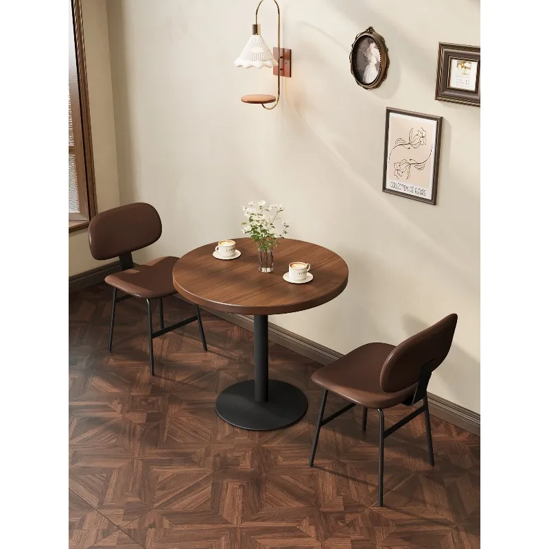 

Milk tea shop iron solid wood small round table commercial canteen fast food restaurant table and chair combination for cafe