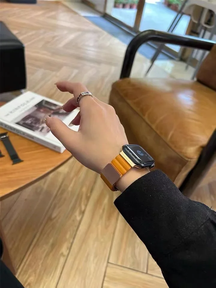 Bracciale magnetico in pelle per Apple Watch 49mm 45mm 41mm 44mm 42mm 46mm cinturino in metallo in acciaio inossidabile iWatch Ultra 10 9 8 7 6 5 SE