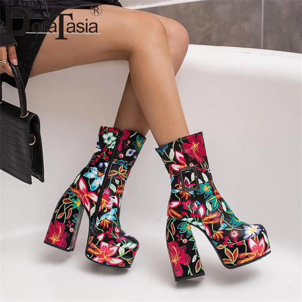 

Plus Size 34-48 Brand New Ladies Platform Boots Fashion Print Thick High Heels women's Boots Party Sexy Block Heel Shoes Woman