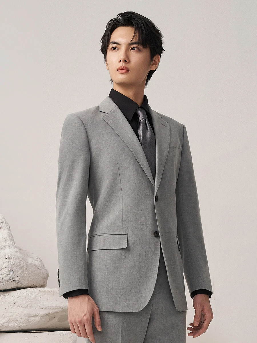 50% Wool Mens Suits Set Blazer + Pant Wedding Groom Wear Machine Washable Grey Fashion Man Leisure Slim Fit Blazer Trousers