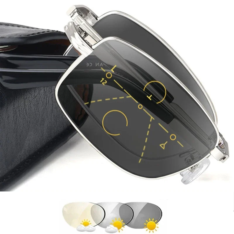 Photochromic Reading Glasses Men Women Folding Progressive Multifocal Foldable Presbyopic Glasses With Case Anti Blue Light