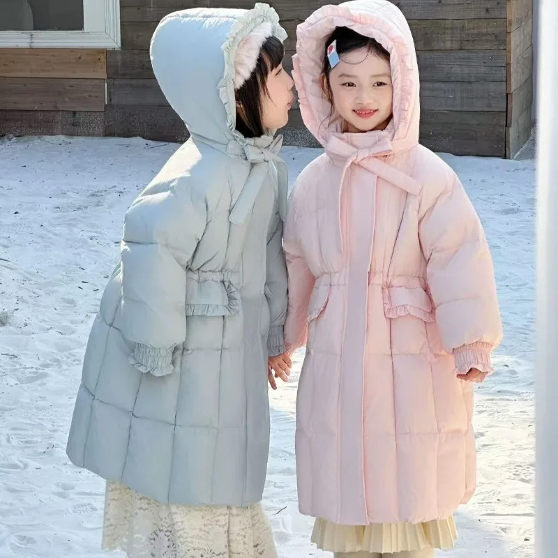 ZOETOPKID Girls Long Style Hooded Cotton Down Coats Children Winter Thicken Warm Ruffle Design Jackets Kids Active Outwear