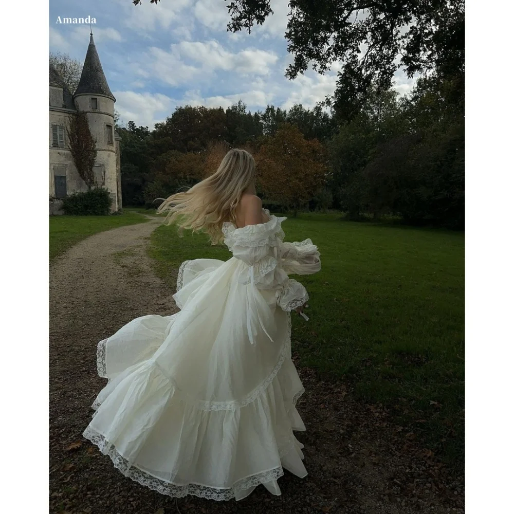 Amanda ที่กําหนดเองสีขาวหนึ่งไหล่แขนยาวชุดราตรี Organza vestidos de Noche ความยาว A-Line ชุดราตรีอย่างเป็นทางการ 2025