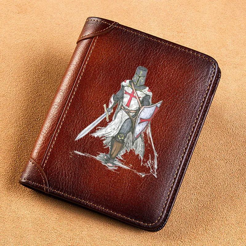 High Quality Genuine Leather Men Wallets The Crusaders Knights Templar Printing Short Card Holder Purse Luxury Brand Male Wallet