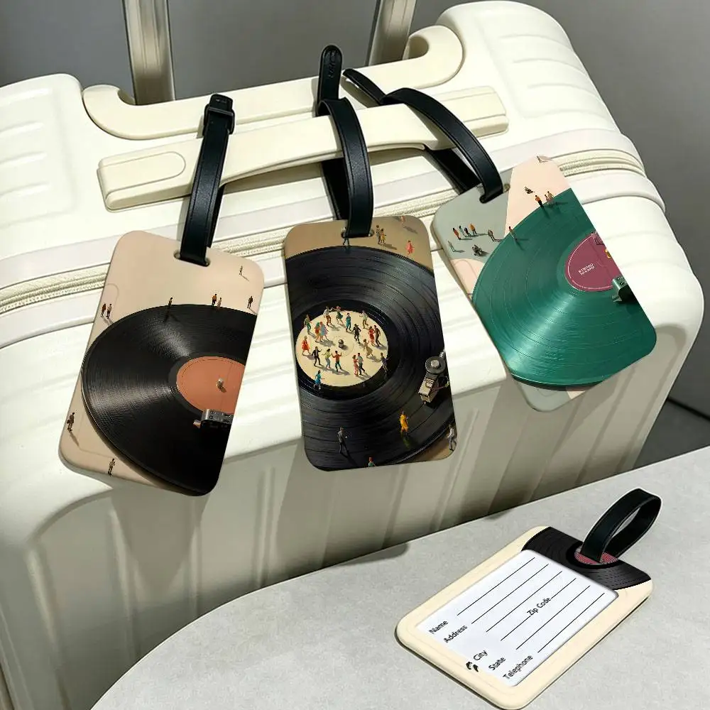 Retro Vinyl Record Store Minimalist Tiny Figure Chic Music Illustration Travel Anti lost Name Tag PVC Information Card Holder