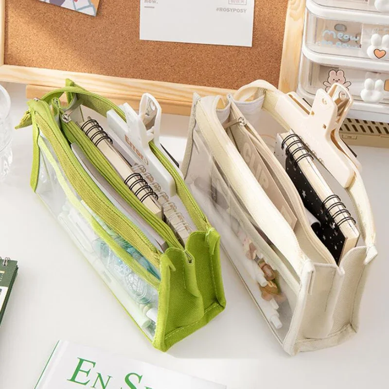 6 Layers Pencil Case Large Capacity Pencil Bag Kawaii Transparent Zipper Bag Portable Storage Pouch School Office Supplies