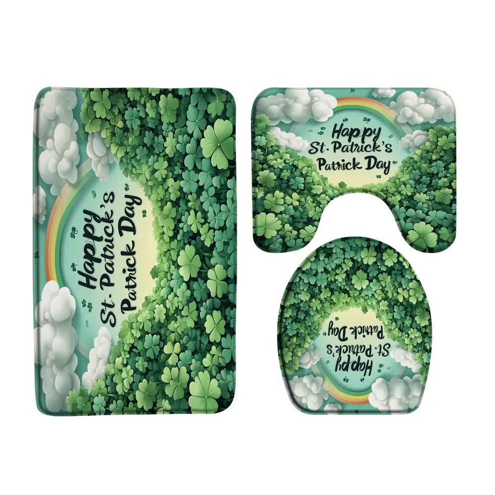 St Patricks Day Green Shamrock Clover Bathroom Set Shower Curtain Toilet Rug Bath Mats Saint Patricks Day Fabric Bath Curtains