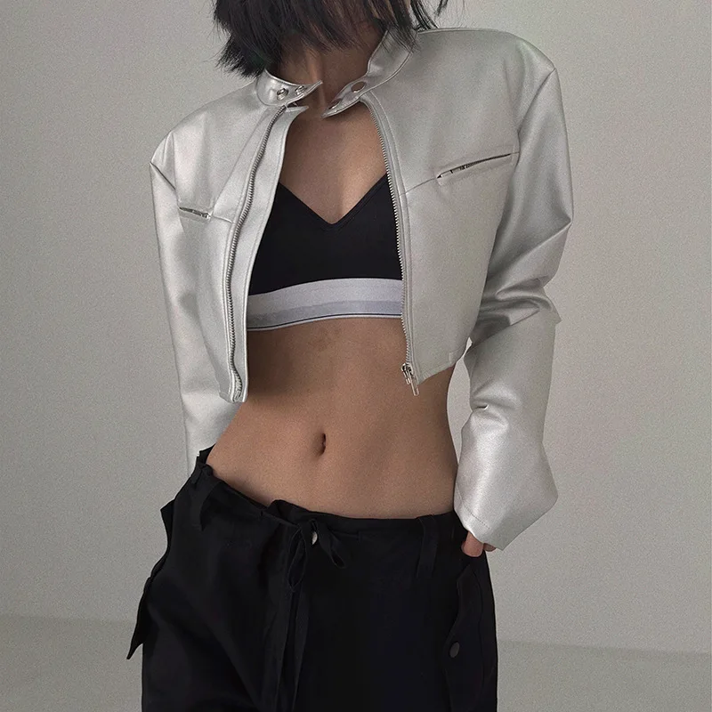 

Женская куртка Techwear, укороченная кожаная куртка большого размера, воротник-стойка, застежка-молния спереди, уличная одежда, городская мода в стиле киберпанк