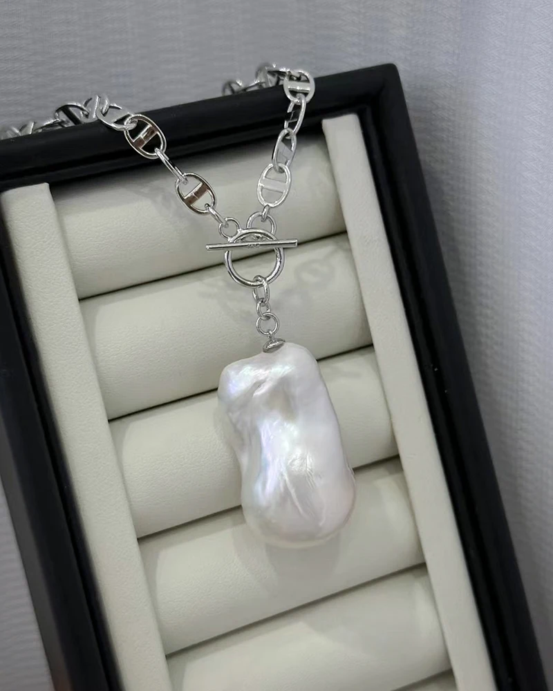 

Real Natural Freshwater Oversized Baroque Pearls Necklace With 925 Silver Anchor Chain for Jewelry