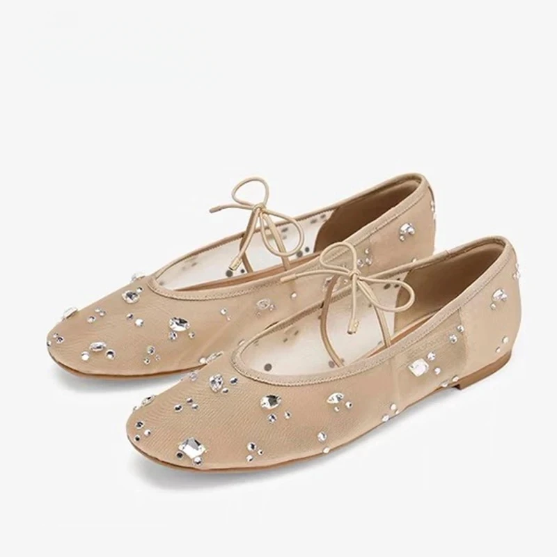 Modische Schnür-Mary-Jane-Schuhe für Damen, elegante Ballerinas, Kristall-Strass-Mesh-Slipper mit runder Spitze, Damen-Mules-Sandalen