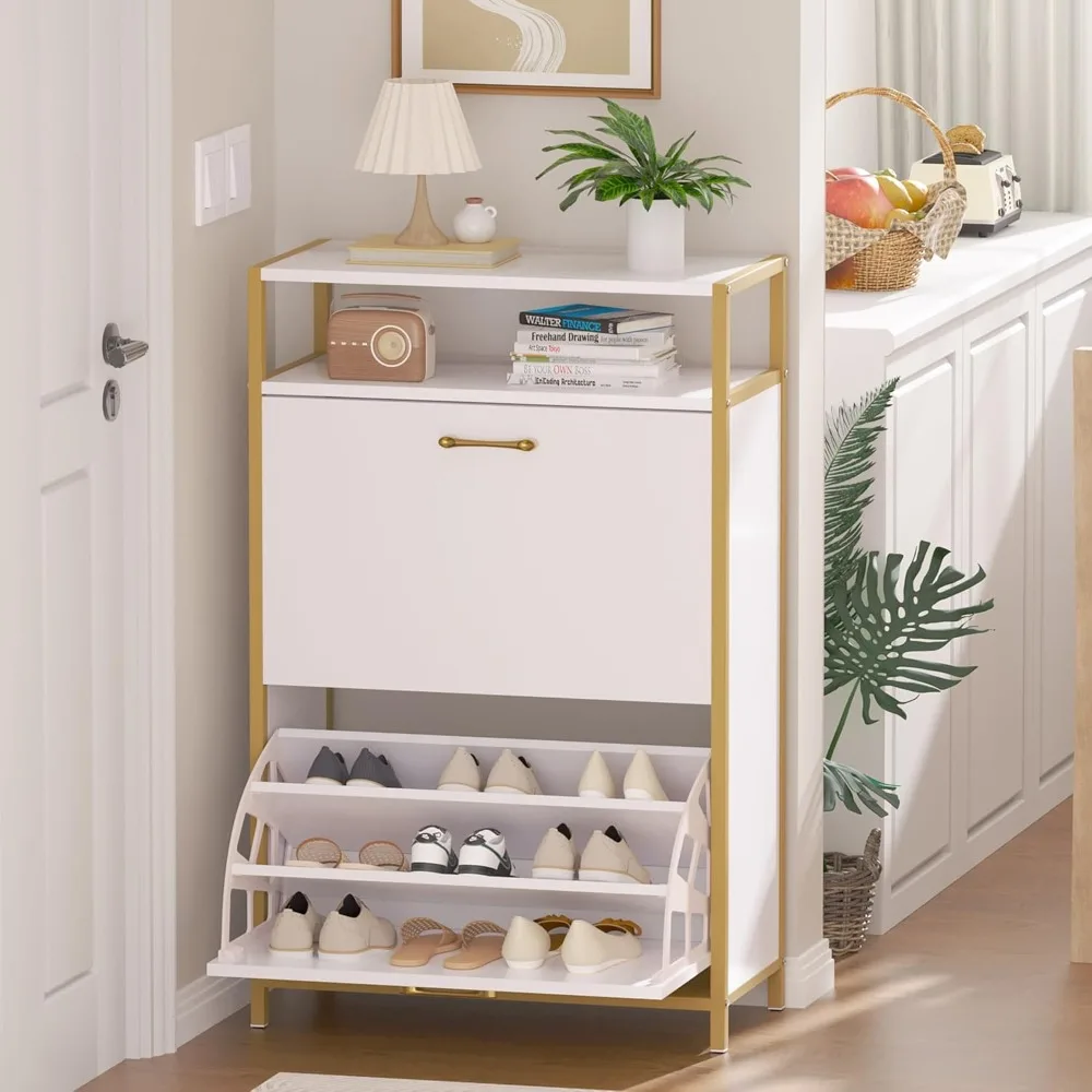 

Shoe Storage Cabinet with 2 Flip Drawers for Entryway, Modern Slim Hidden Freestanding Organizer with Metal Legs for Hallway