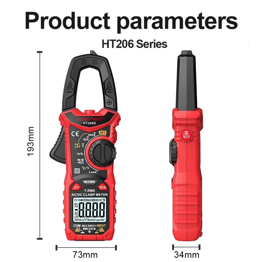 HT206 Digital Clamp Meter TRMS 6000 Counts Multimeter AC/DC Voltage Current NCV Resistance Continuity Temp Capacitance Tester