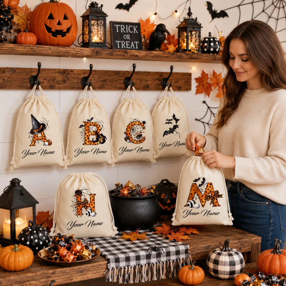 

Custom Halloween Drawstring Pouches Personalized Print Name Linen Treat Candy Bag Kids Trick Or Treat Sack Halloween Storage Bag