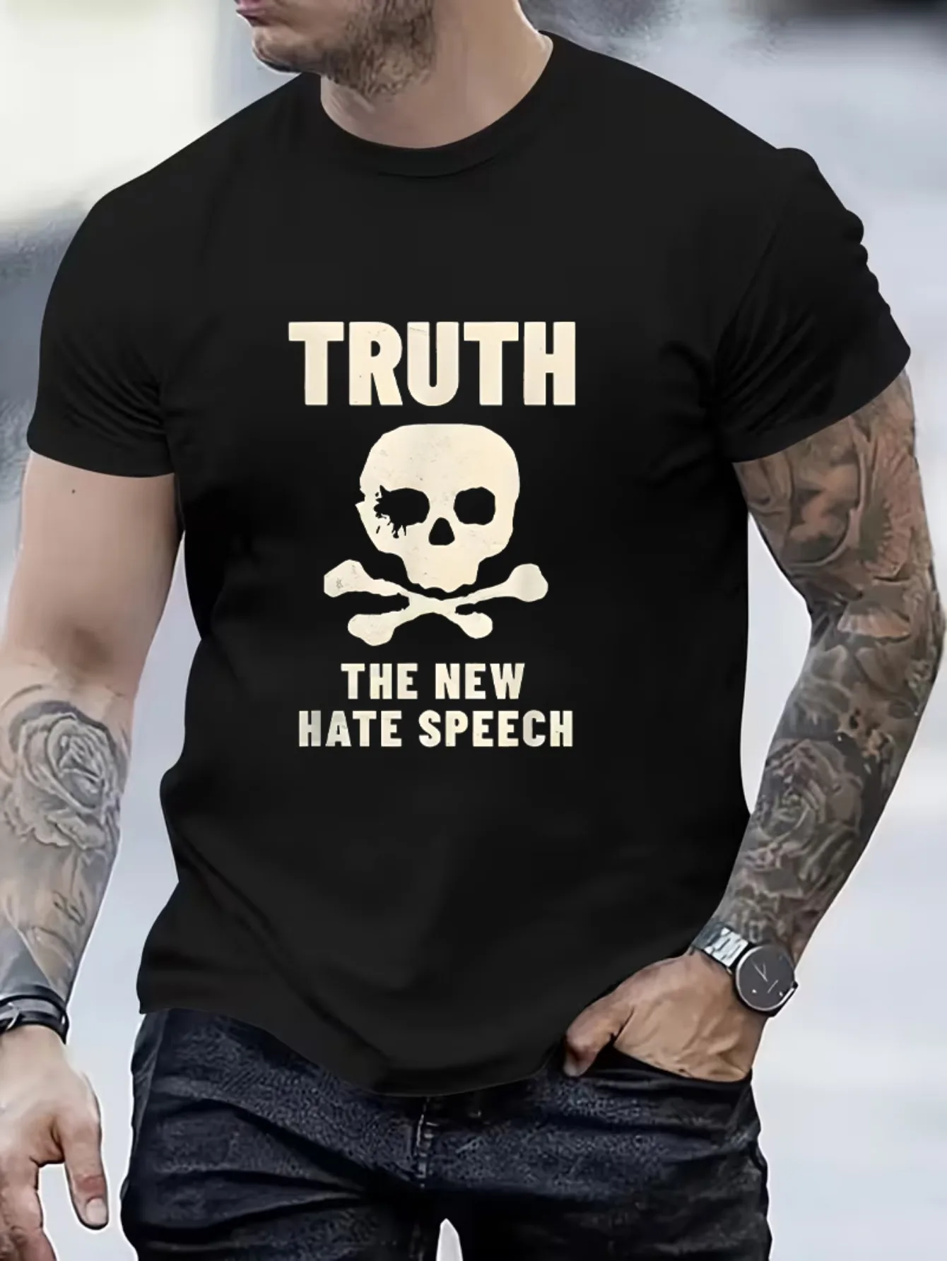 The men's T-shirt features a simple letter skull pattern and a casual round neck design, both suitable for comfortable wearing