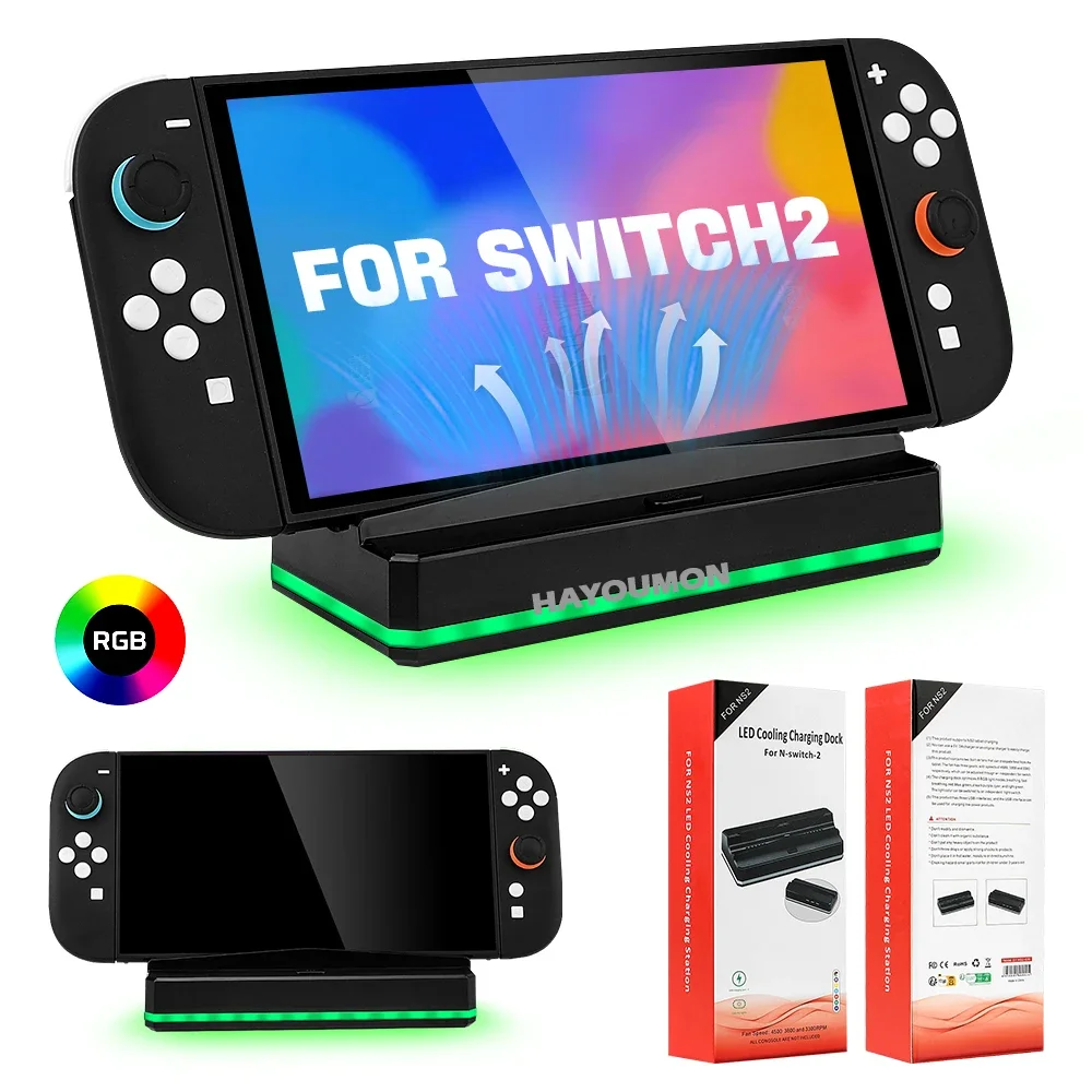 Ventilador de Refrigeración para Switch 2 Dock 8 con Luz RGB, 3 Velocidades, Base de Expansión Portátil con Puerto USB y Base de Carga para Accesorios de Switch 2