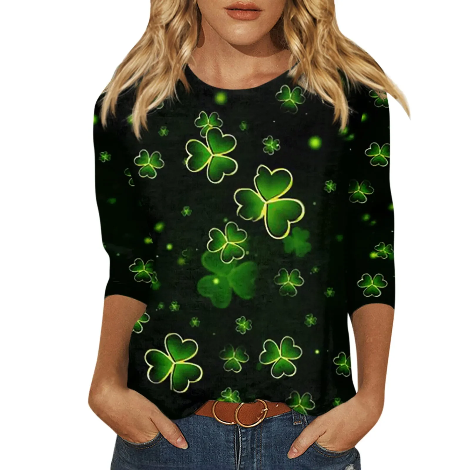 Women T Shirt Clovers Print 2024 Happy St. Patrick’s Day Round Neck Long Sleeve Tops 3d Clovers Print Pullover Tops Femme