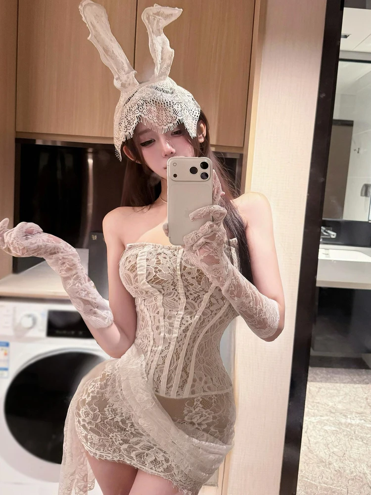 Pure Desire Sexy Doll loween Costume Inner Dr Heavy Embroidery Lace Milk White Rabbit Original Design Women's Faion Set
