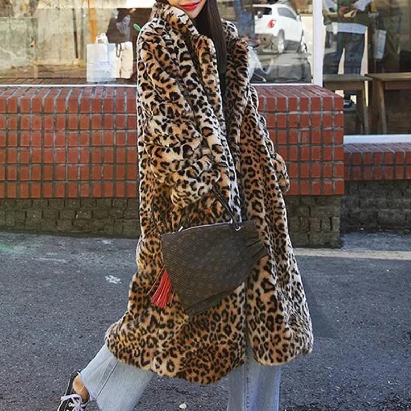 

Faux Fur Women Long Coats Autumn Winter Leopard Print Jackets Turn Down Collar Maxi Full Sleeve Coat Thick Warm Open Stitch