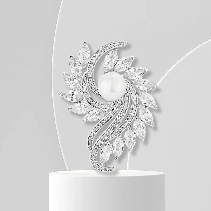 Chinese Style Auspicious Lucky Pearl Zircon Brooch For Women Elegant Shiny Flower Wing Lapel Pin For Suit Coat Wedding Jewelry