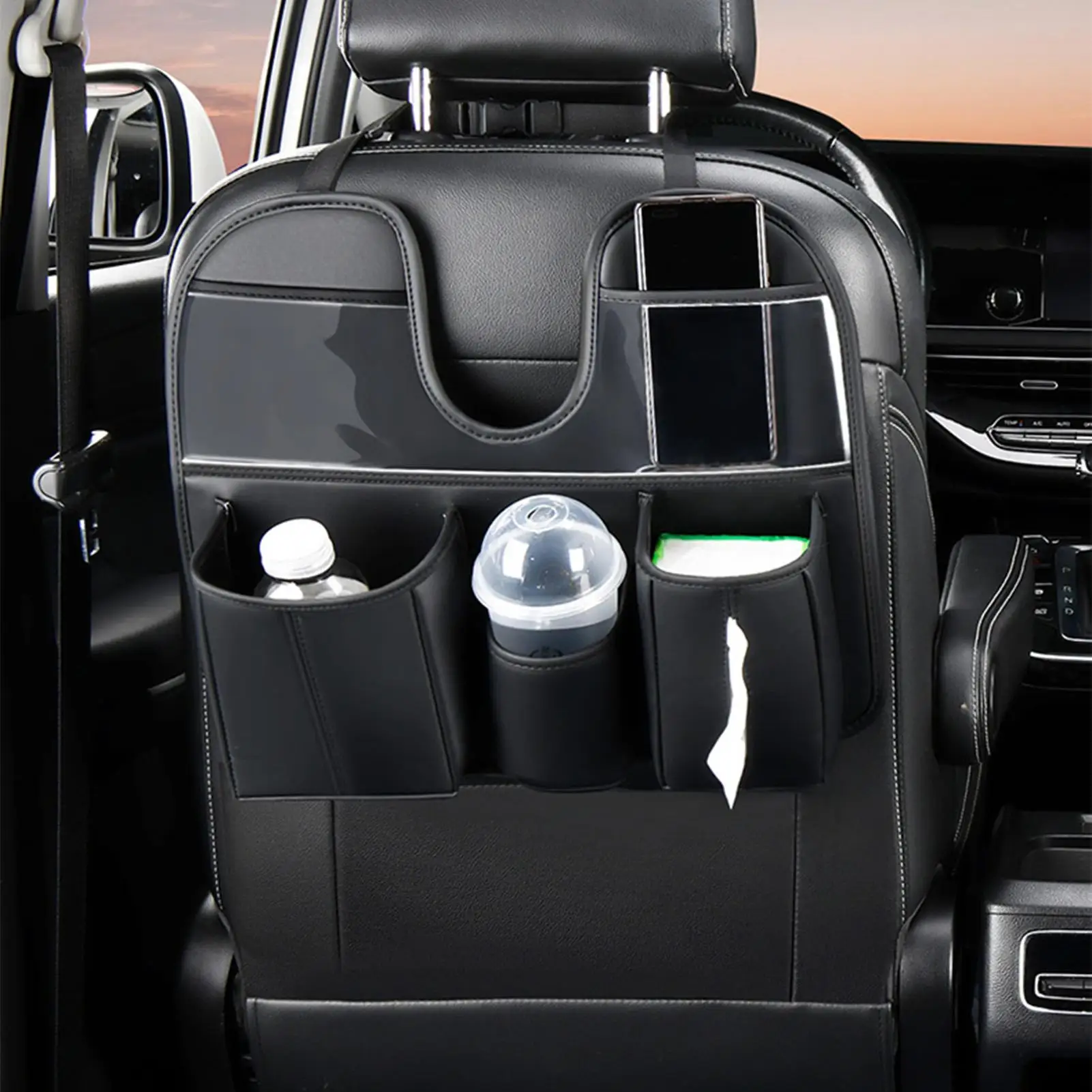 

Car Seat Organizer Large Leather with Tablet Cup Holder Seat Back Organizer Car Accessories for SUV RV Truck Sedan Water Bottle