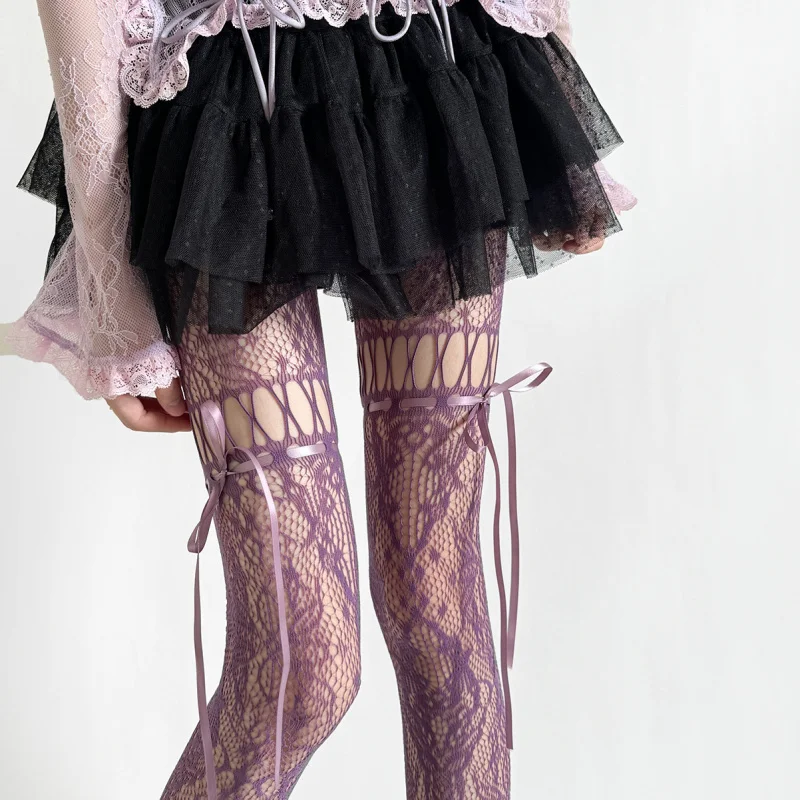 

Spring Summer Hollow Lace Bow Tie Mesh Stockings Hot Girl Millennium Style Pantyhose Japanese Retro Drawstring Mesh Pants