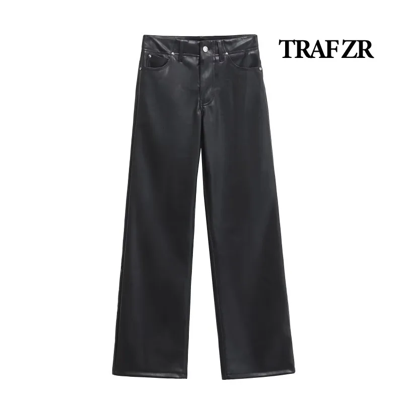 TRAF ZR Black Leather Pants Ladies Fashion Basics Woman Trousers England Style Straight Pants Vintage Autumn Y2k Trousers