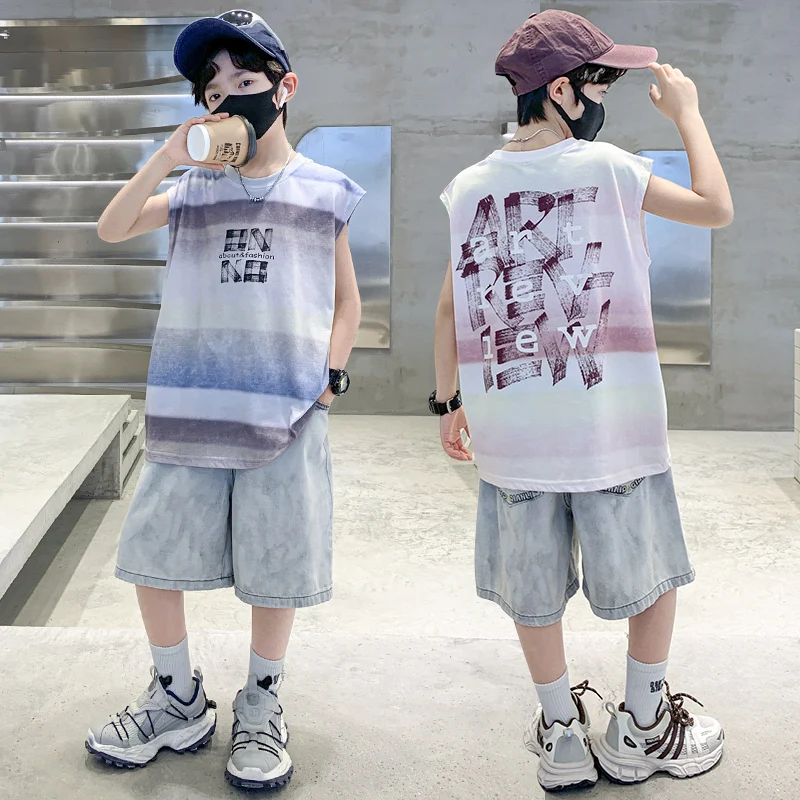

New Arrival Boys Summer Suit Cotton Tee Top and Bottom Clothing Set for Kids Child Slim Fit Street Outfit Tracksuit Age 5-14 Y
