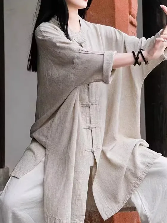 

Retro Linen Cotton irt Set Women's Spring Autumn Loose Midi Long Sve Tai Chi Clothing Vintage Sle Button up Home Wear