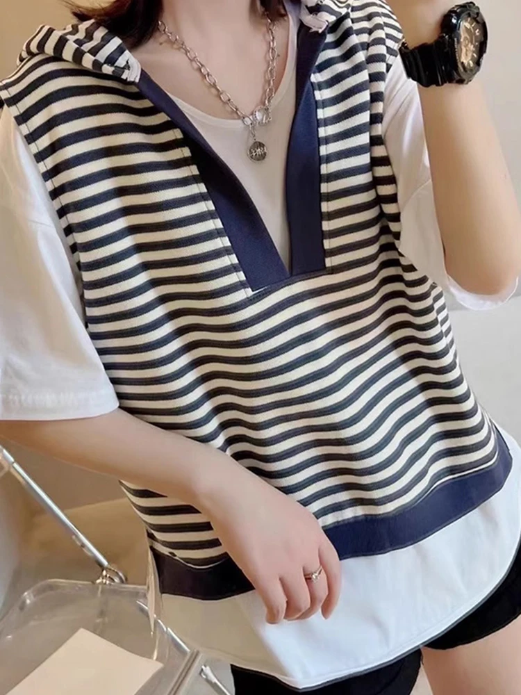 

Korean Sle Two-Piece Set ort Sve Hoodie Tank Top Striped Color Blo Design Summer Faion Casual Silk Women's Top