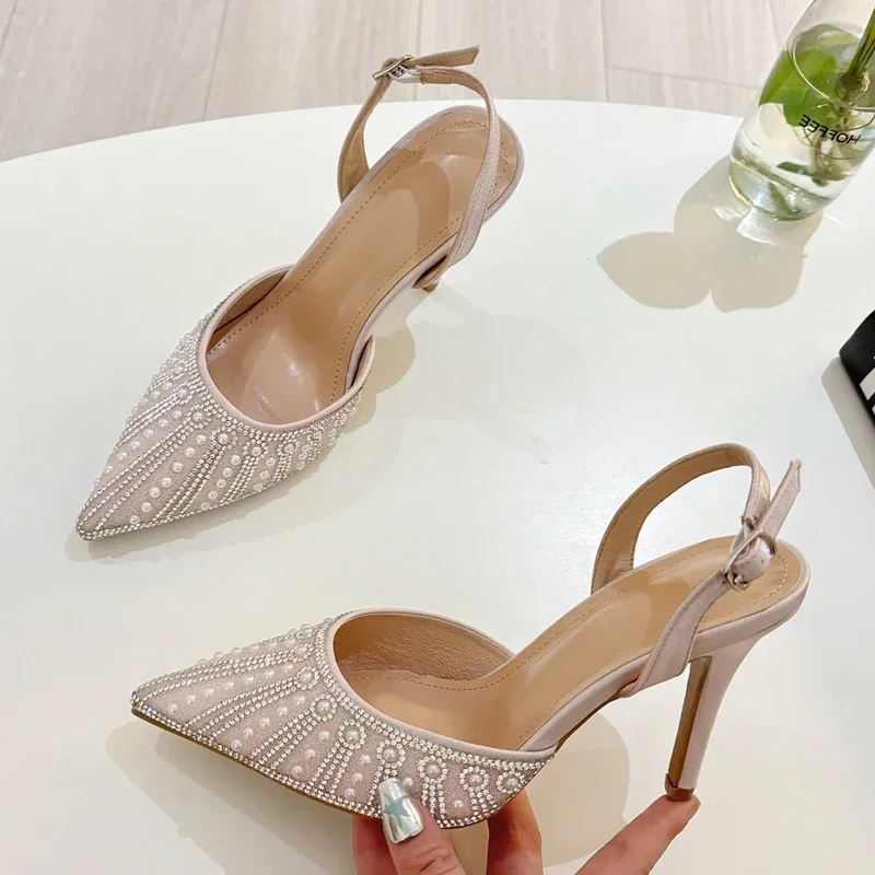

Women's Mesh Pearl Rhinestone Pointed Toe Slingback Stiletto Heels, Adjustable Buckle Wedding Bridal Evening Party Footwear Gift