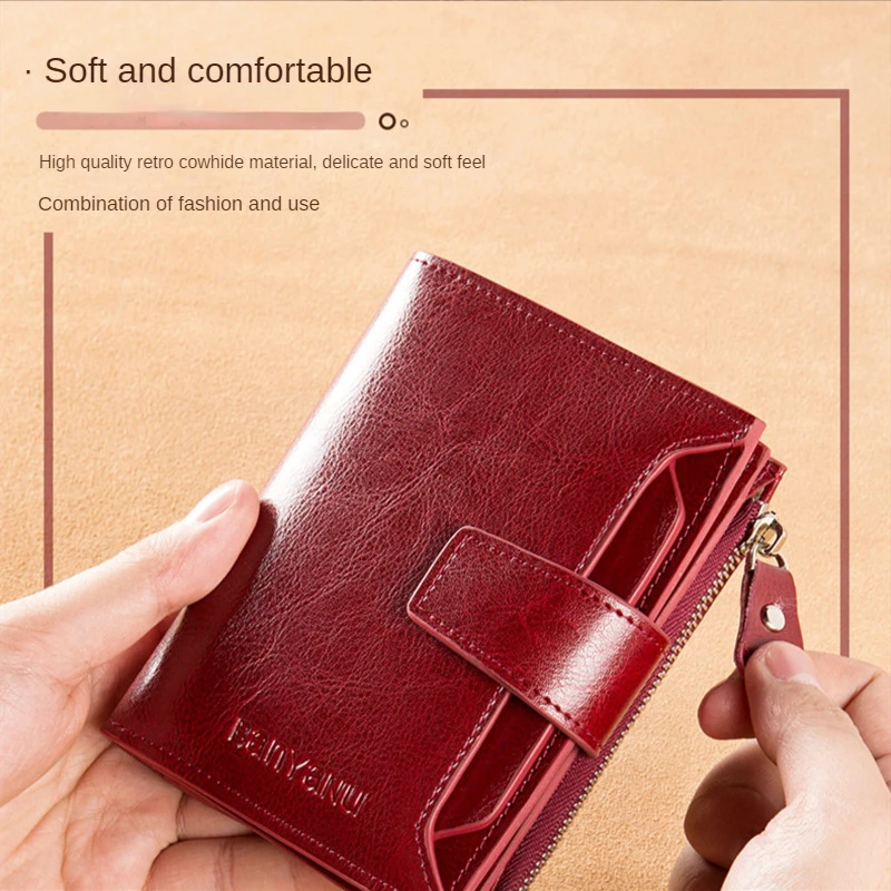 Genuine Leather Women Three Fold Wallet RFID Blocking Card Holders Short Female Zipper Coin Purse Multi Function Money Clip
