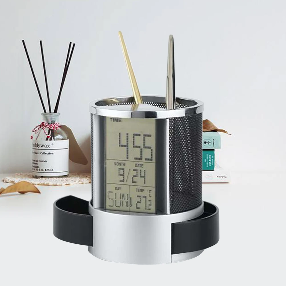 Electronic Clock Pen Holder Plastic Metal Multifunction Desk Organizer With Temperature Time Date Display Drawer Storage
