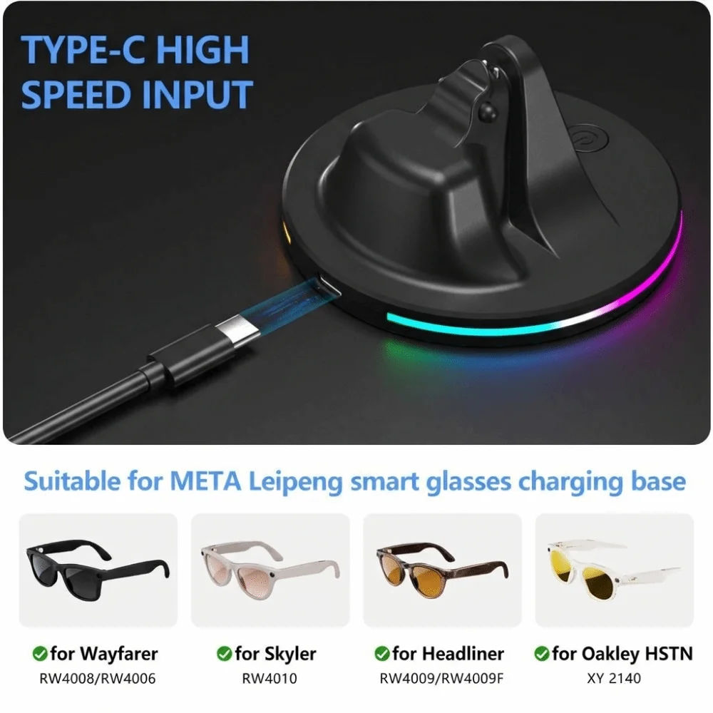 RGB Light Smart Glasses Charging Dock Stable Anti Slip Charging Station for RayBan Meta Wayfarer/Headliner/Skyler/ HSTN