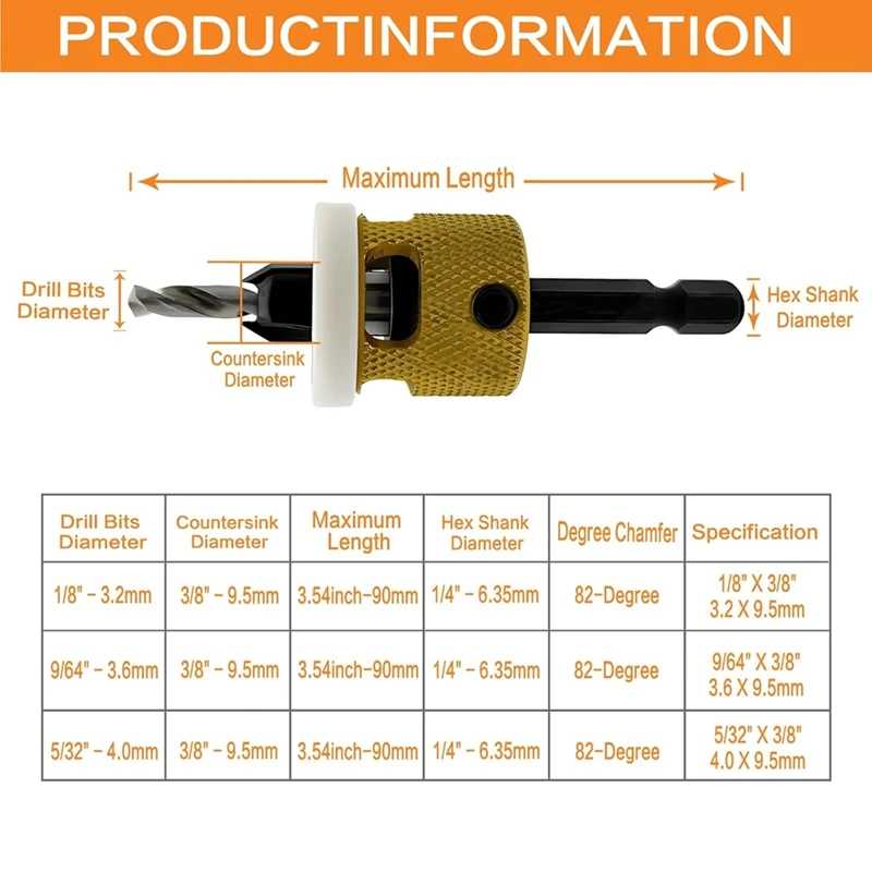 مجموعة لقمة مثقاب غاطسة عرقوب من ABPP-Hex، 1/8 بوصة 9/64 بوصة 5/32 بوصة لقمة ثقب غاطسة للأعمال الخشبية + توقف عمق قابل للتعديل