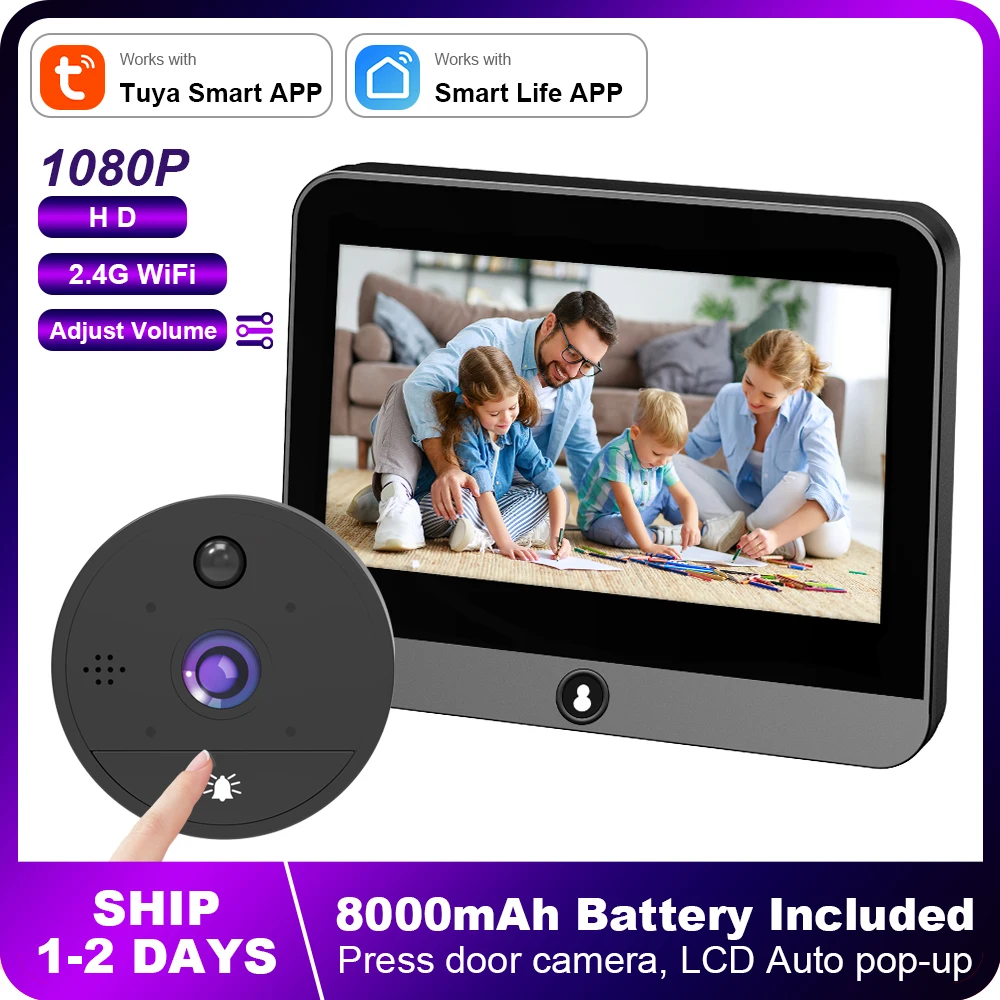 8000mAh WiFi Peephole Tuya Smart 1080P WiFi 도어벨 비디오 카메라 홈 보안 야간 투시 비디오 도어 카메라 디지털 뷰어