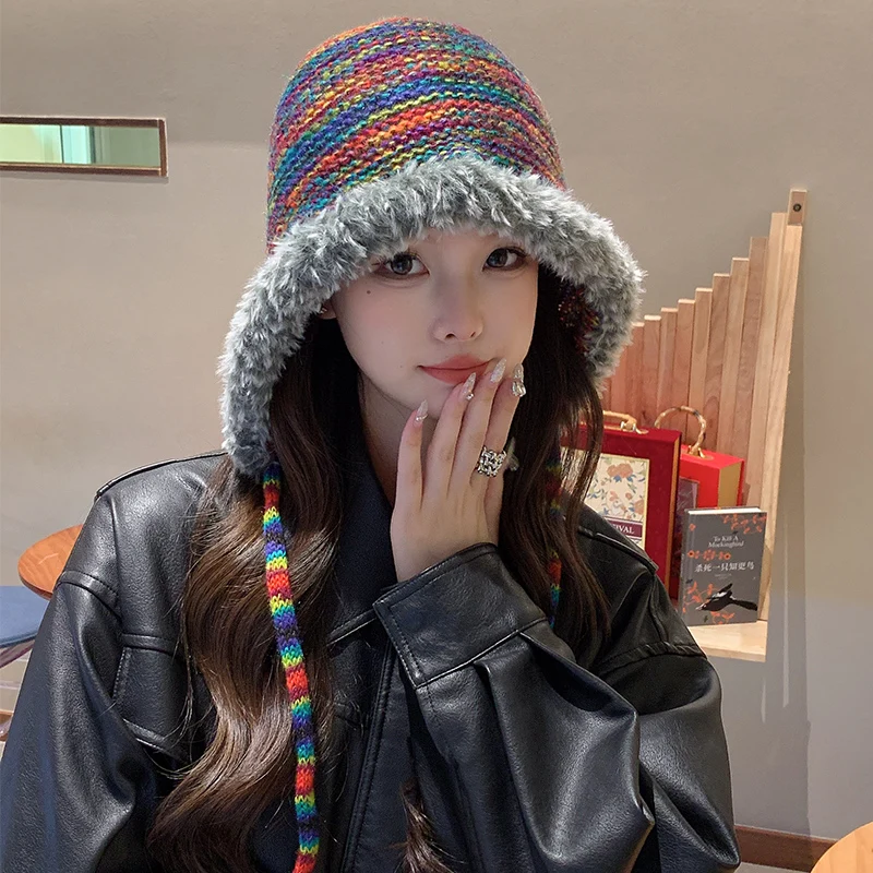 Cute Rainbow Gradient Knitted Hat for Women in Autumn and Winter Warm Ear Protection Small Face Display Baotou Hat