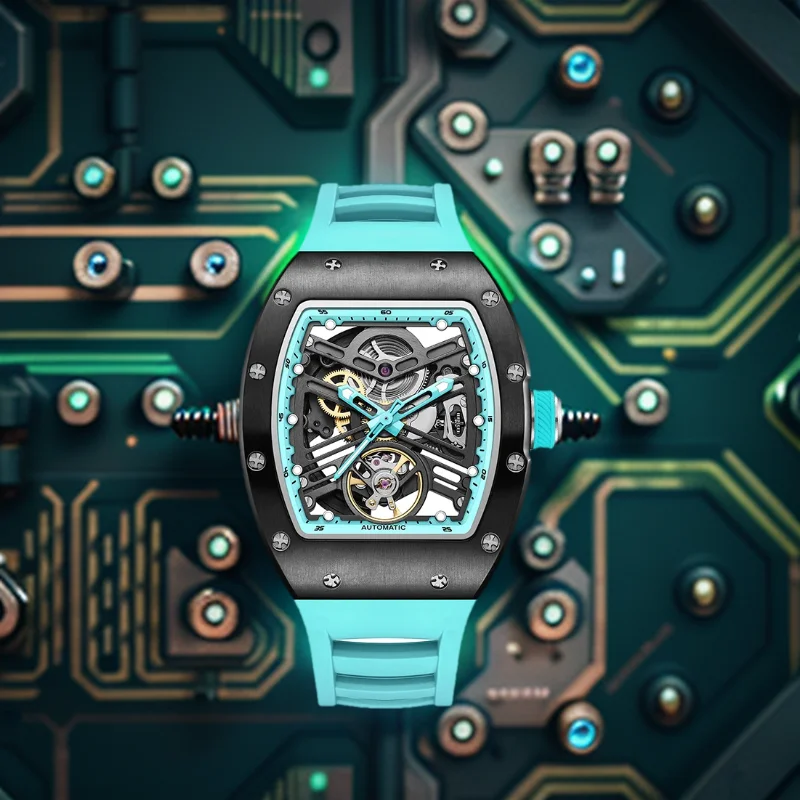 

Carbon Fiber Mechanical Watch Cyberpunk Style Waterproof Crystal Dial Collector's Limited Edition Fashion Sport Wristwatch RR