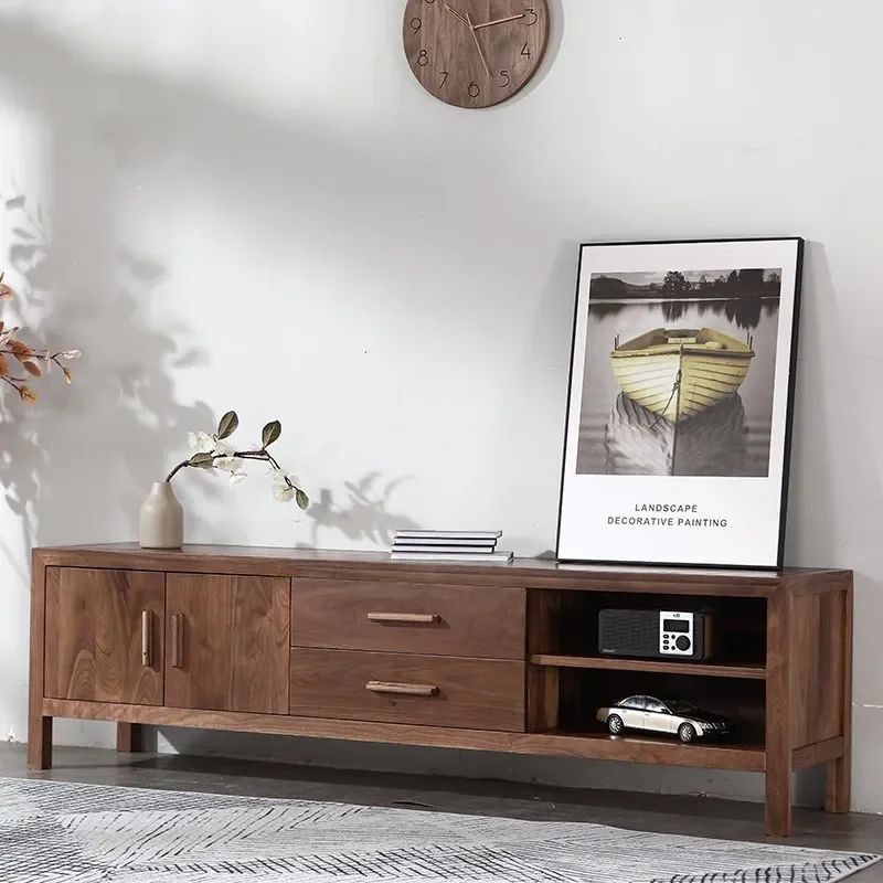 New Chinese Style Black Walnut TV Stand Solid Wood Media Console Light Luxury Living Room Storage Cabinet Multi-functional