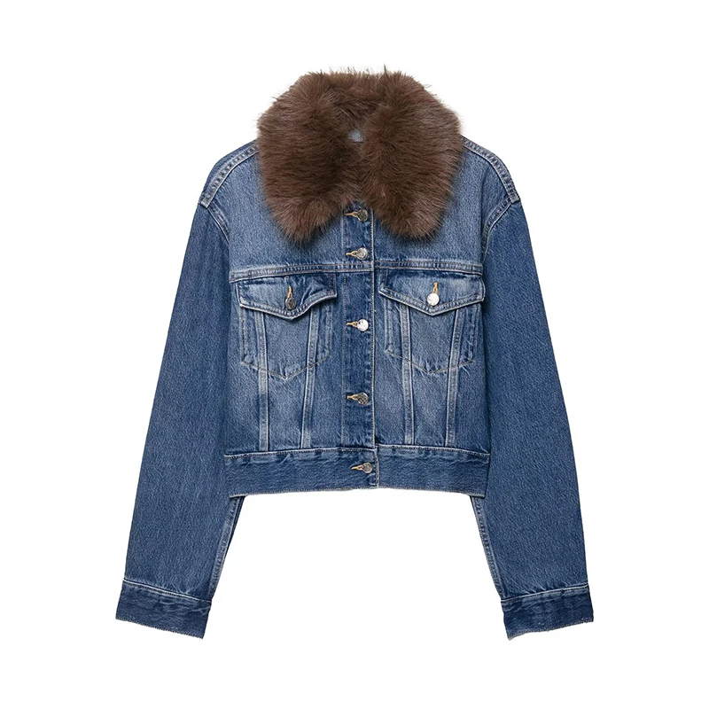 

Chic Street Faux Fur Collar Jacket Women New Fashion Denim Short Jackets Coat Female Autumn Long Sleeve Streetwear Outerwear