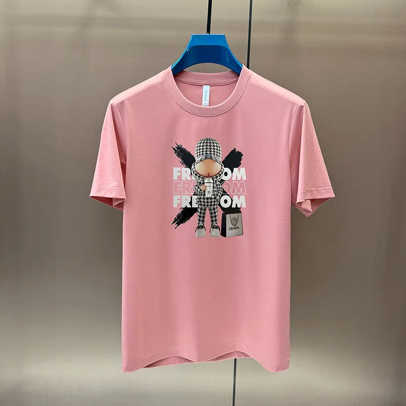 

Men Mercerized Cotton T-Shirt Summer New Cartoon Letter Print Breathable Casual Round Neck Short Sleeve Tops Daily Wear Clothing