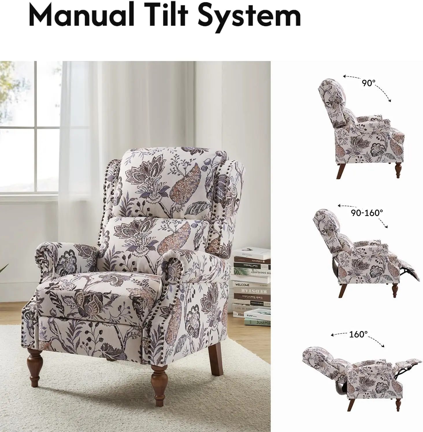 Pushback Recliner Chair, Upholstered Floral Fabric Wingback Chair, Single Sofa Accent Chair With Wood Legs And Rivet Decoration